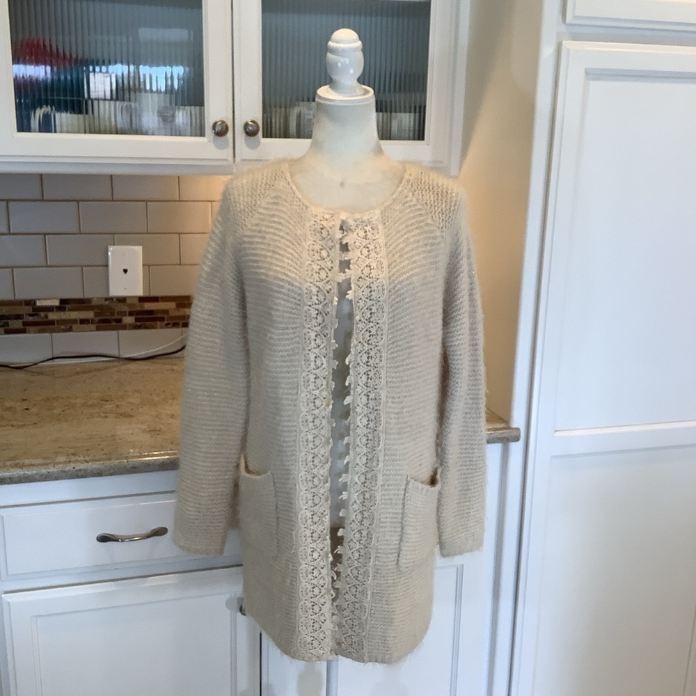 In Style Long Cream Tan Cardigan with Crochet Wool